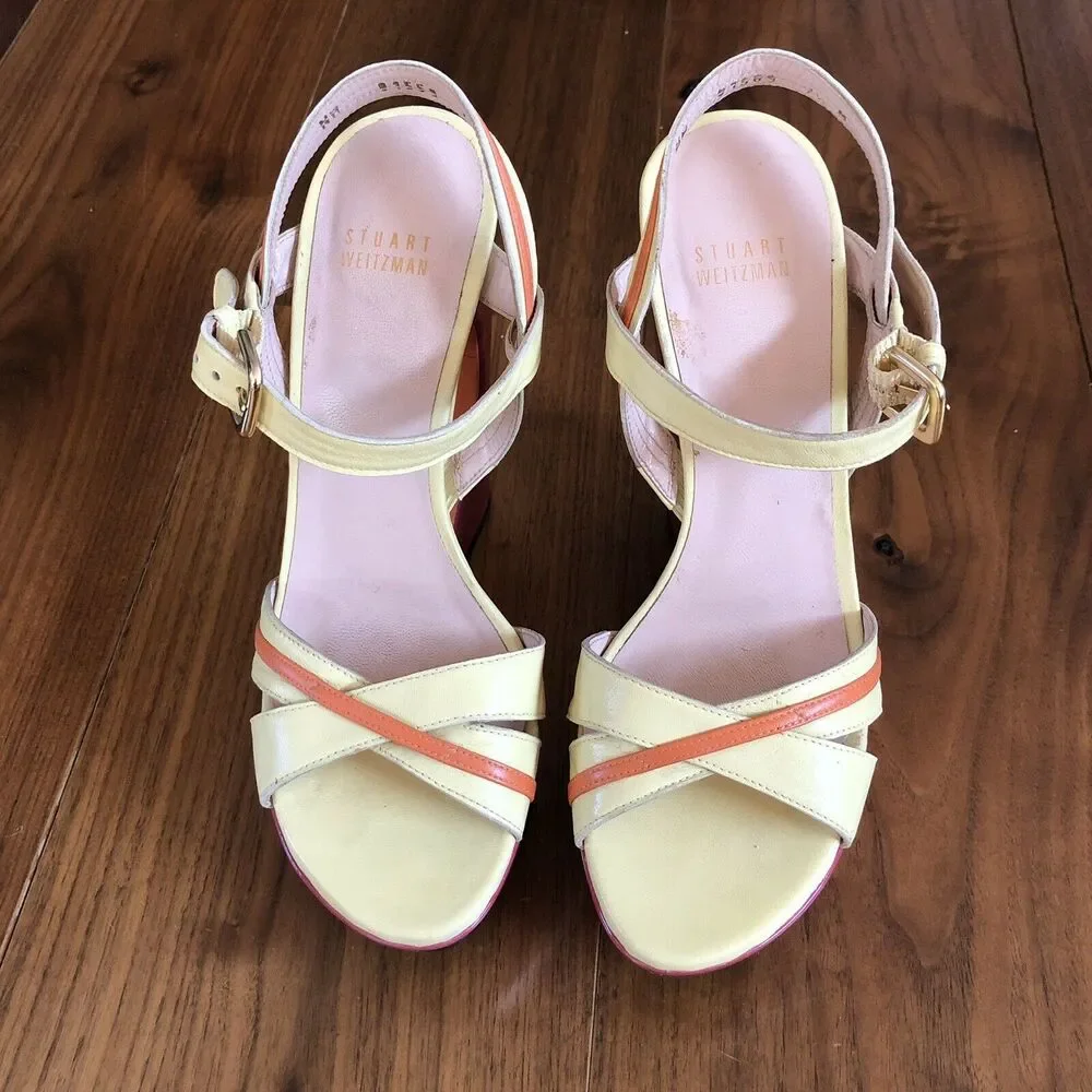 Stuart Weitzman Cut-Out Pink Yellow Color Block Wedge Platform Sandals 7.5M